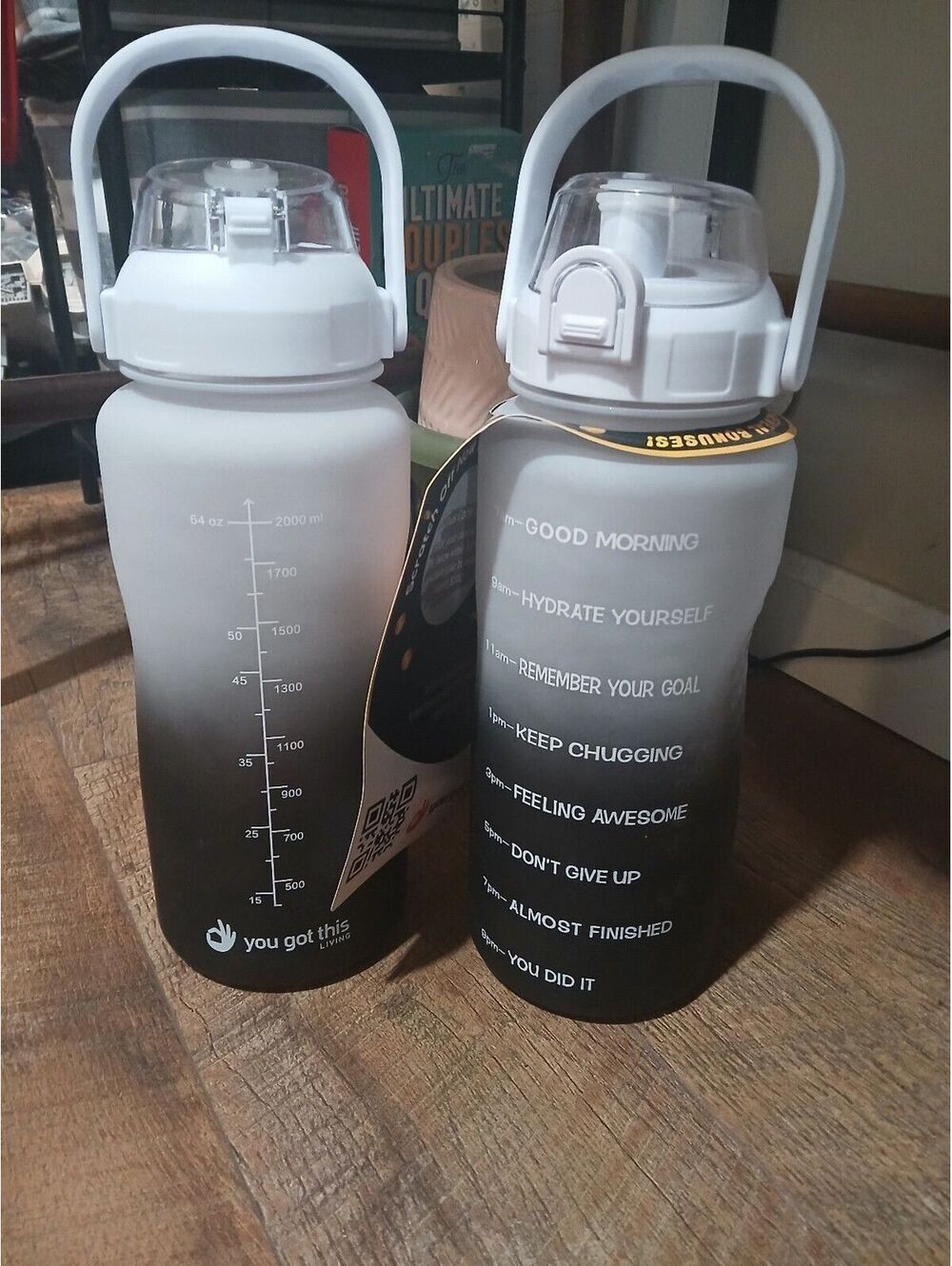 2 PC Motivational Water Bottle with Time Marker Half Gallon 64 Ounces - Gray/Blk